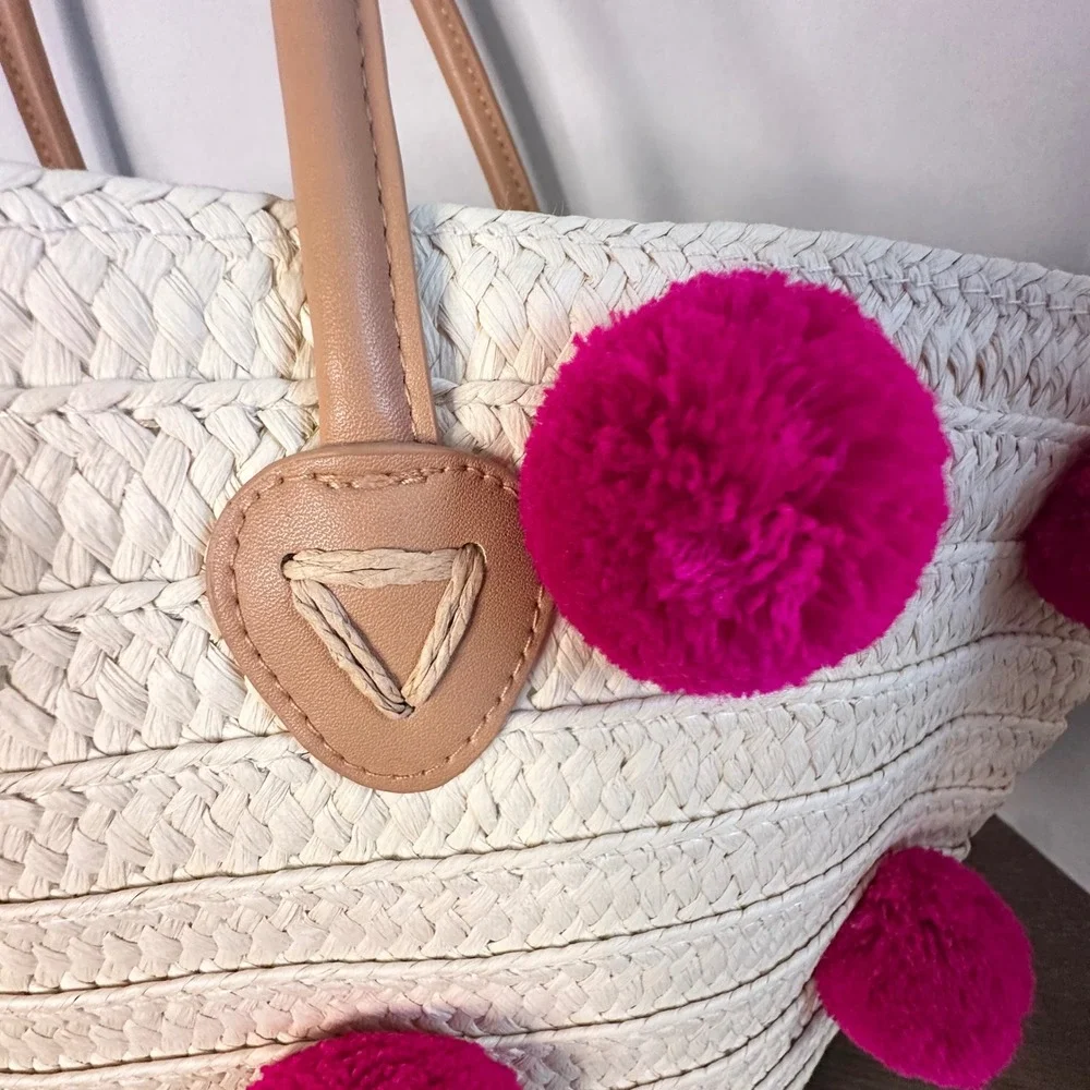 Shiraleah Klo Chicago‎ Straw Tote Bag Pink Pom Pom Beach Summer Shoulder Bag Lg